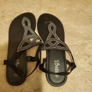 Women’s Black Gemstone Thong Flat Sandals Size 12 Good Condition